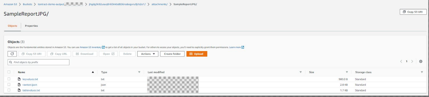 Figure 15. Output data from Amazon Textract are uploaded to Amazon S3 Bucket.