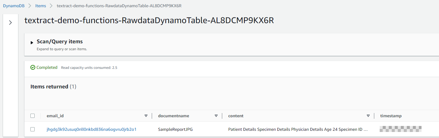 Figure 18. DynamoDB table for raw data information from Amazon Textract.