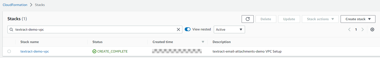 Figure 2. The CloudFormation stack successfully created. This creates a VPC and other network resources.