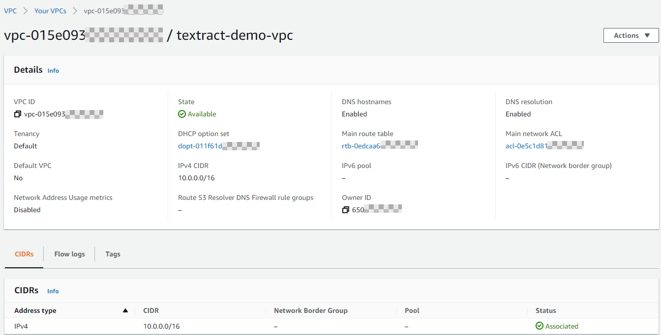 Figure 3. Find the details of the VPC you created in the VPC dashboard under Your VPCs.