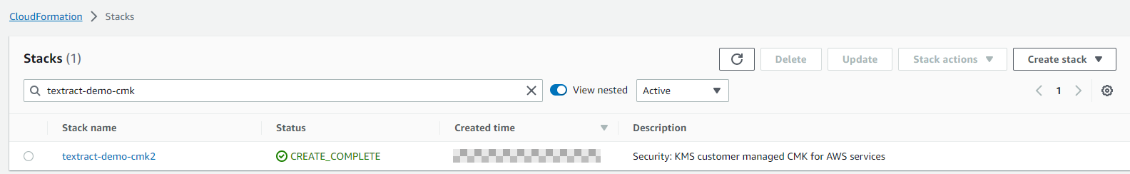 Figure 4. CloudFormation stack successfully created. This creates AWS KMS customer managed keys.