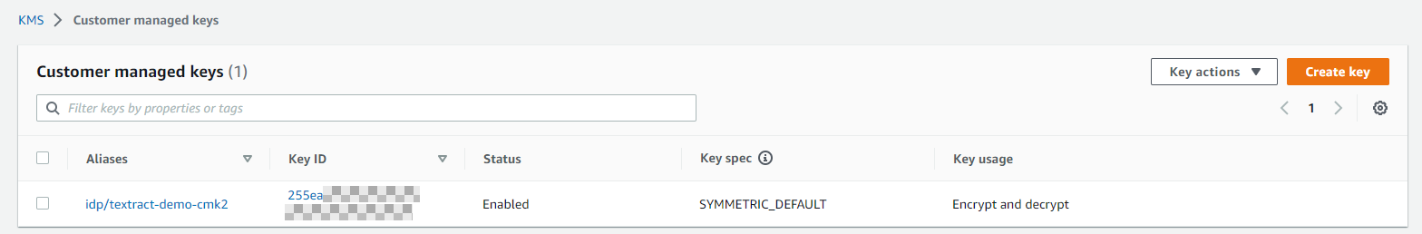 Figure 5. AWS KMS customer managed key in the AWS KMS dashboard.