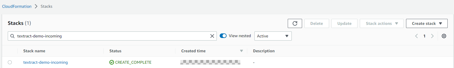 Figure 6. CloudFormation stack successfully created. This creates Amazon SES receipt rules, an Amazon S3 bucket, and an Amazon SNS topic.