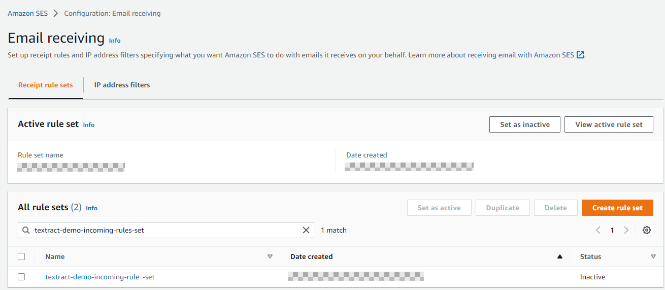 Figure 7. Rules set in the Amazon SES dashboard.