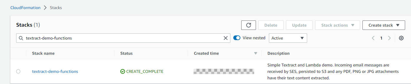 Figure 8. CloudFormation stack successfully created. This creates Lambda functions, DynamoDB tables, Amazon SNS topics, Amazon S3 Buckets and AWS IAM roles.