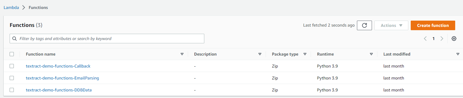 Figure 9. Lambda functions listed in the Lambda console.