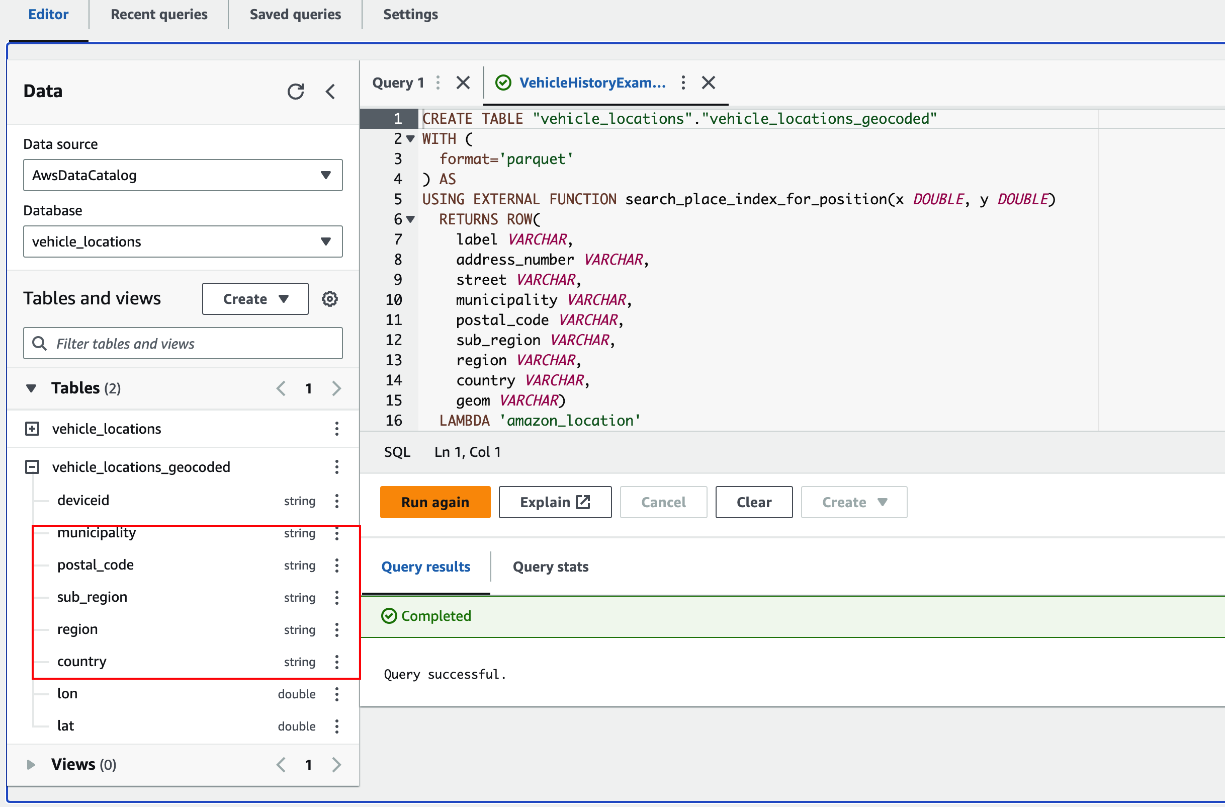 Figure 10. Shows the results of the Amazon Athena query, which is a new AWS Glue table that includes new values from the reverse geocoding operation.
