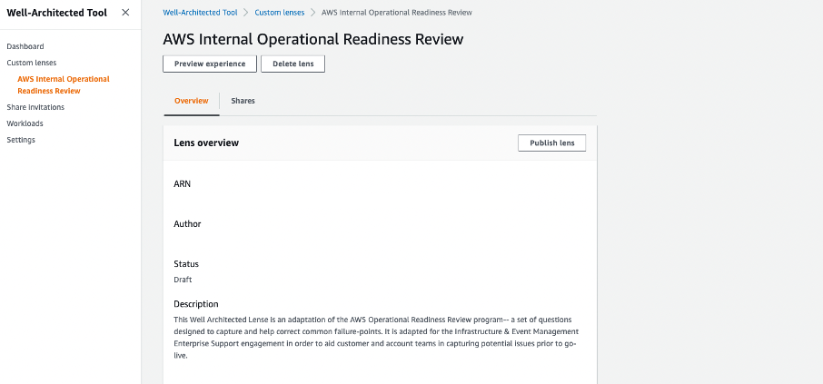 Figure 4. The AWS Internal Operational Readiness Review field within Custom lenses setup.