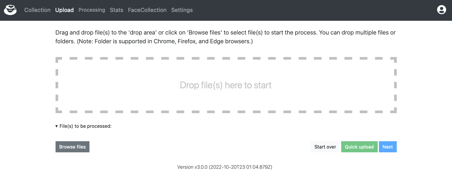 Figure 1. Users can drag and drop files into the Media2Cloud interface to upload them and begin the workflow.