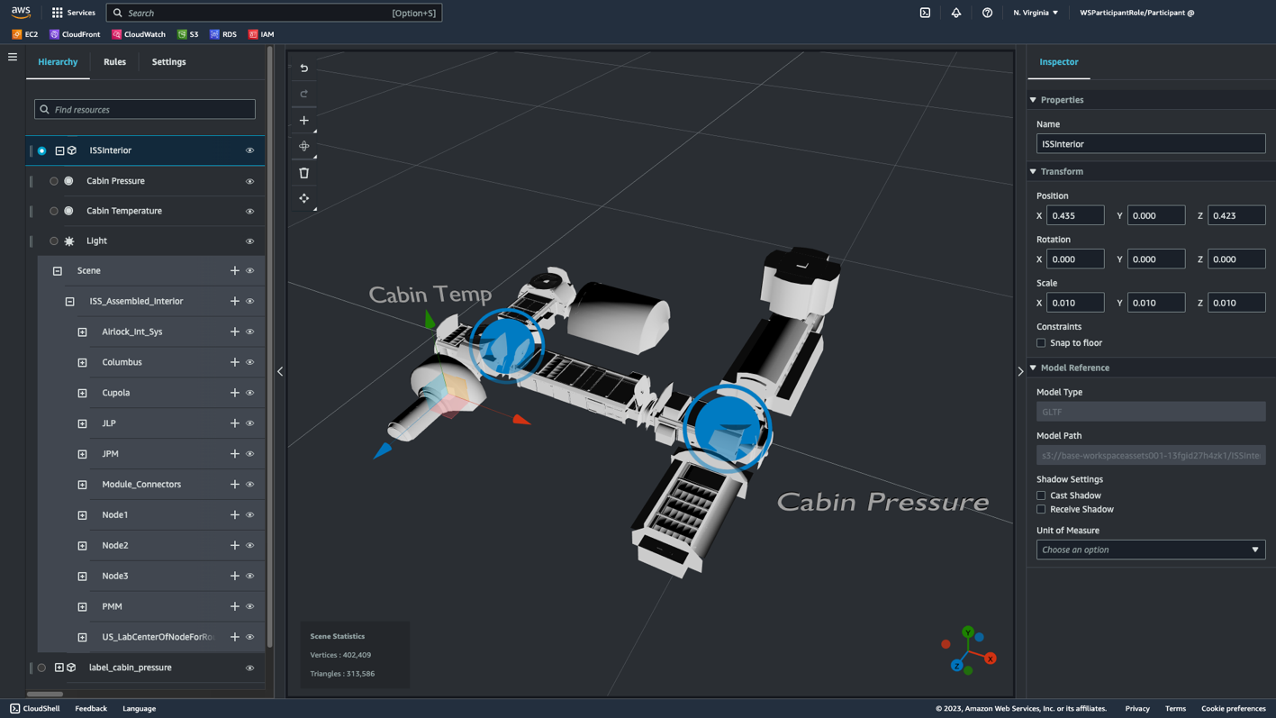 Figure 4. Internal ISS digital twin in AWS IoT TwinMaker Scene Composer.