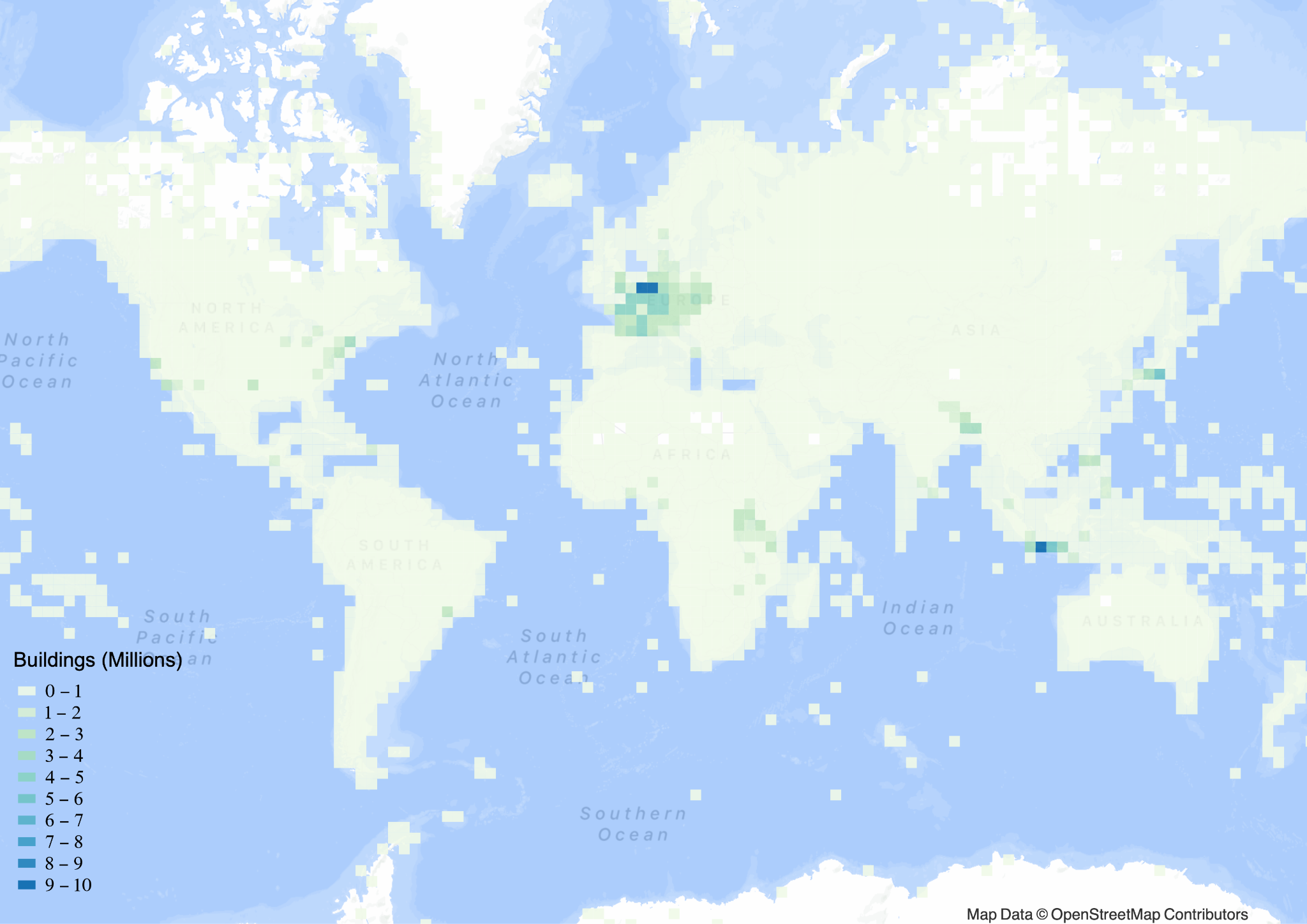 Figure 3. Building densities in OpenStreetMap. Note the higher densities in Nepal, Indonesia, and Eastern Africa as well — these regions have been the focus of numerous humanitarian mapping campaigns.