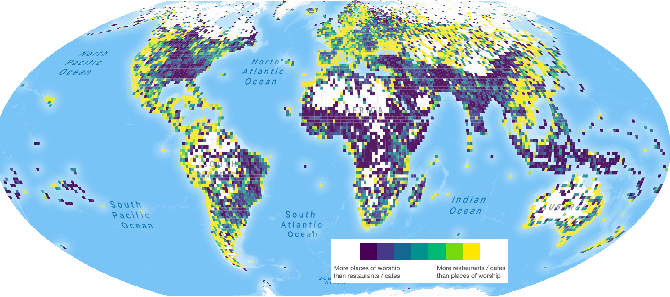 Figure 6. Comparison of the number of restaurants and places of worship per zoom-level 9 map tile. Map data © OpenStreetMap Contributors.