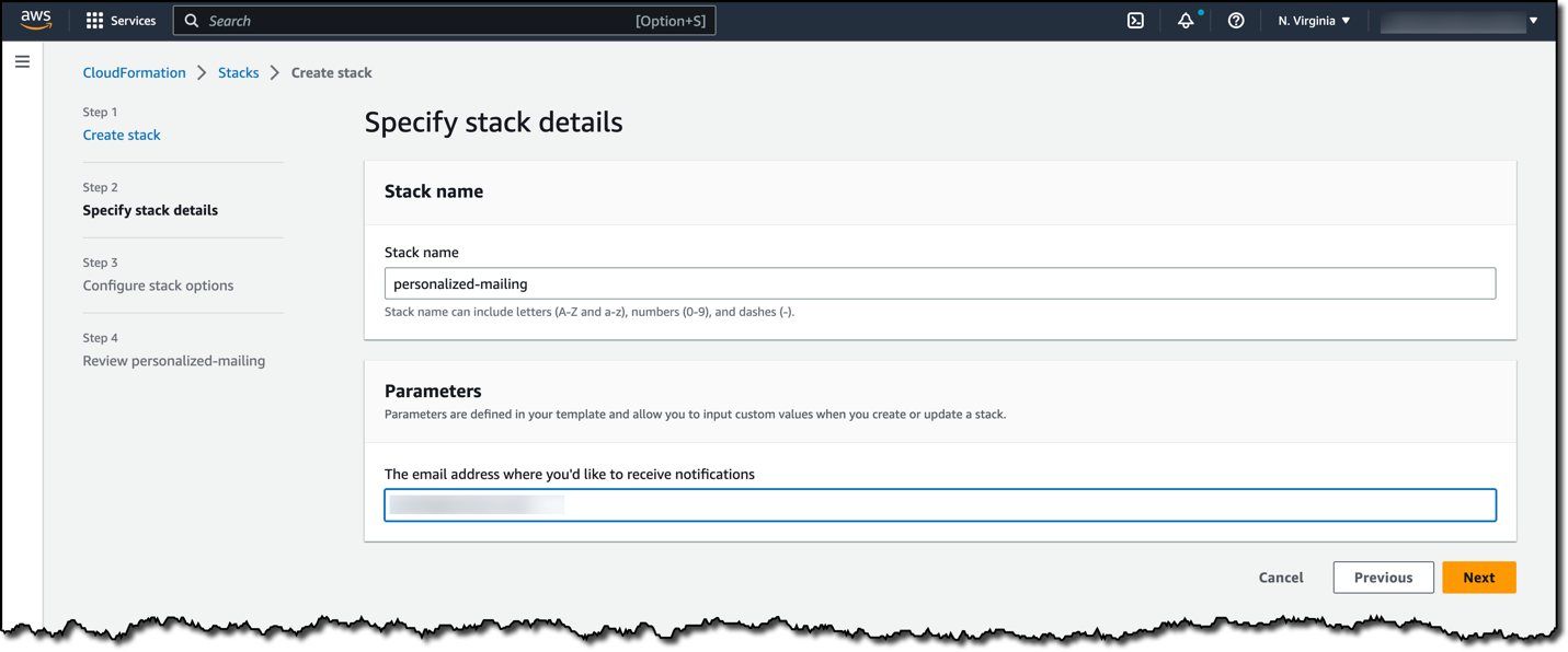 Figure 2. The Specify stack details page, where an email address must be provided.