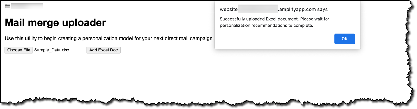 Figure 5. The upload confirmation message on the Mail merge uploader tool.