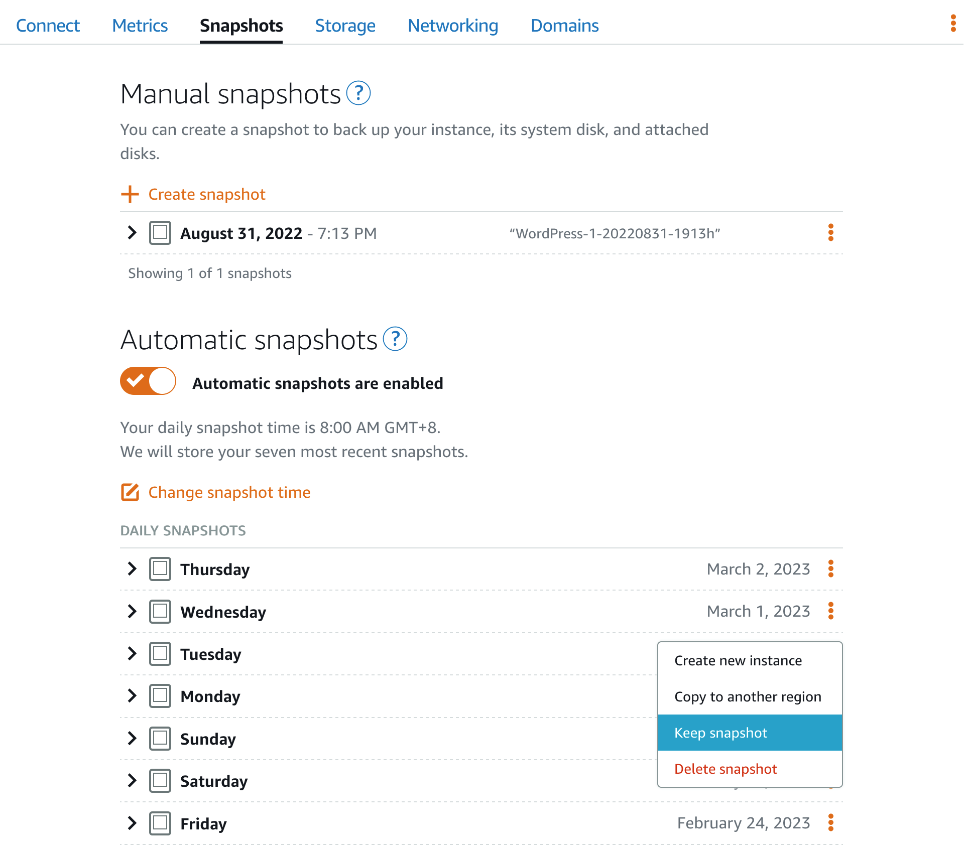 Figure 12. Creating manual snapshots and selecting snapshots to keep.