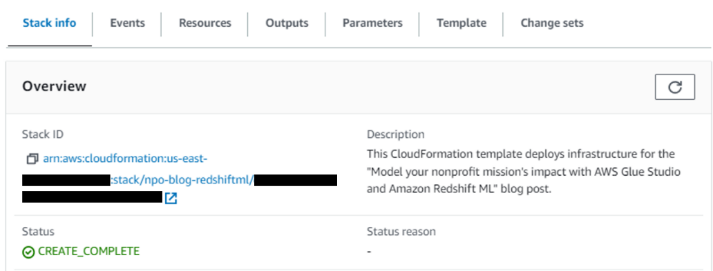 Figure 1. The AWS CloudFormation Stack info tab showing CREATE_COMPLETE status.