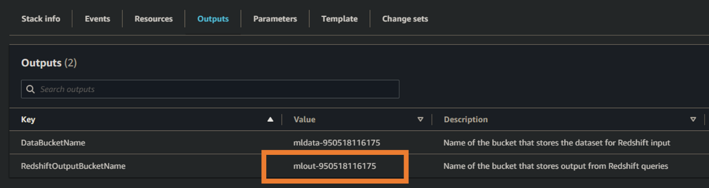 Figure 5. The AWS CloudFormation Outputs tab; the value of the RedshiftOutputBucketName is highlighted.