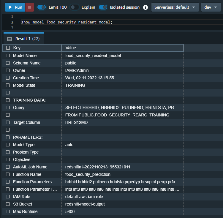Figure 6. Result from show model command with model state as TRAINING.