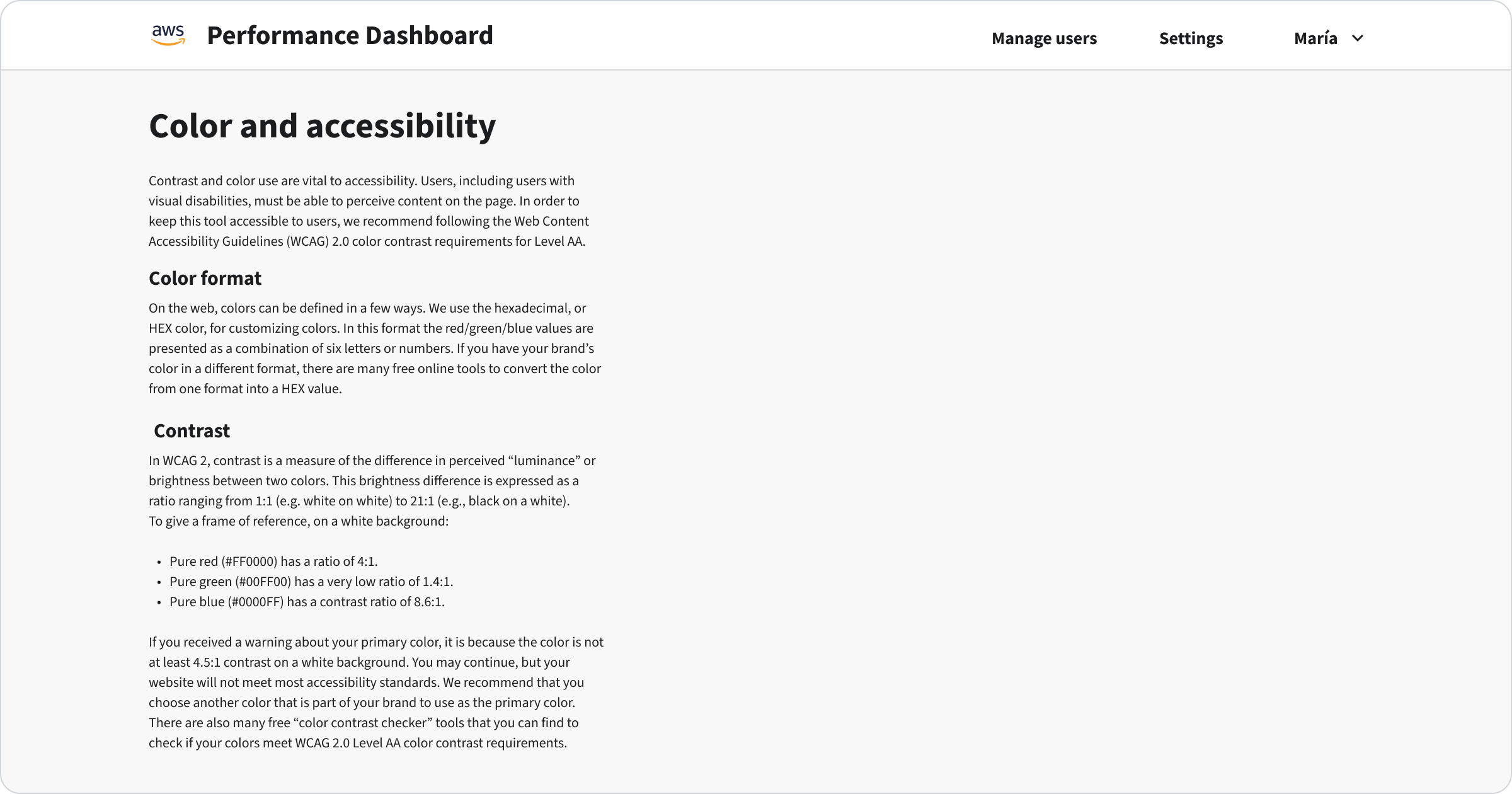 Immagine 2. I consigli sui colori e sull'accessibilità di AWS mostrati su Performance Dashboard.