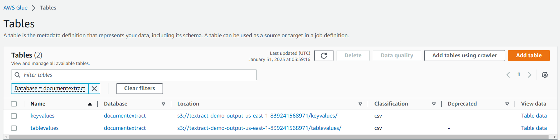 Figure 12. Tables in AWS Glue console.