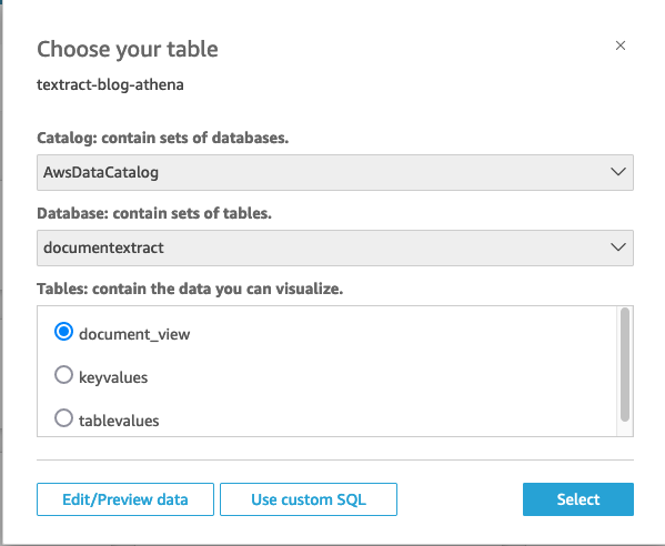 Figure 17. Datasource for dataset selection screen in QuickSight.