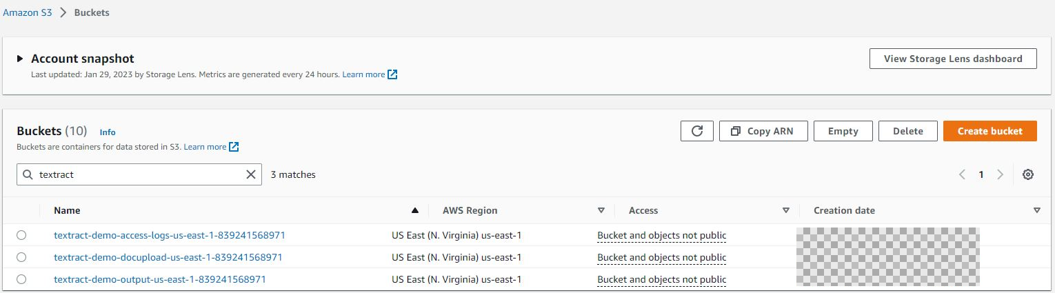 Figure 6. Amazon S3 buckets listed in the Amazon S3 console.
