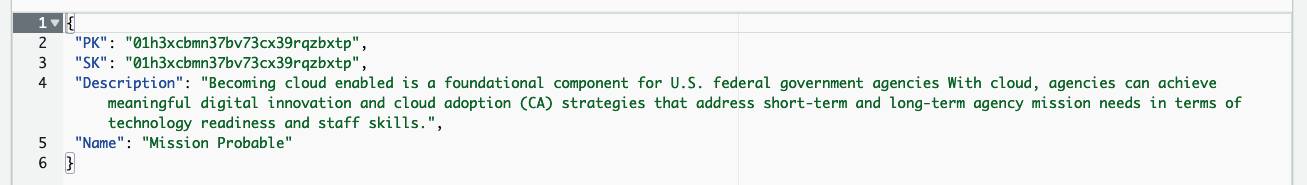 Figure 8. The resulting item in the DynamoDB table once the createMission operation is completed.