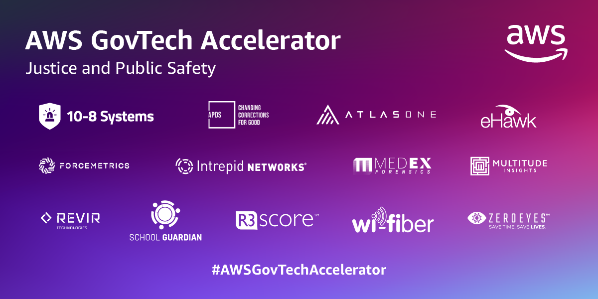 Pictured: The 13 startups selected for the AWS 2023 Justice and Public Safety GovTech Accelerator are focused on a wide range of solutions for first responders, emergency services, corrections, and other public safety agencies.