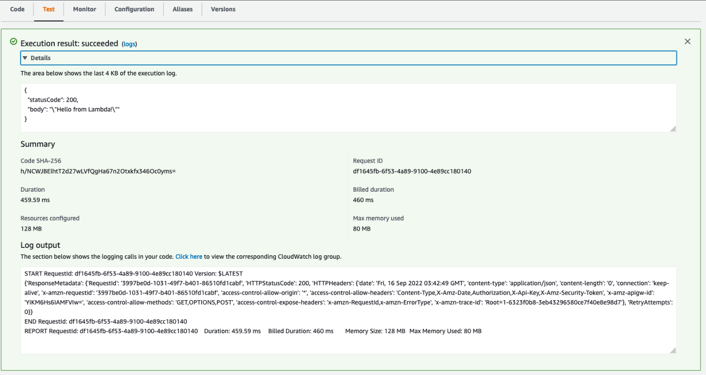 Figure 18. Successful execution result for the Lambda test event.