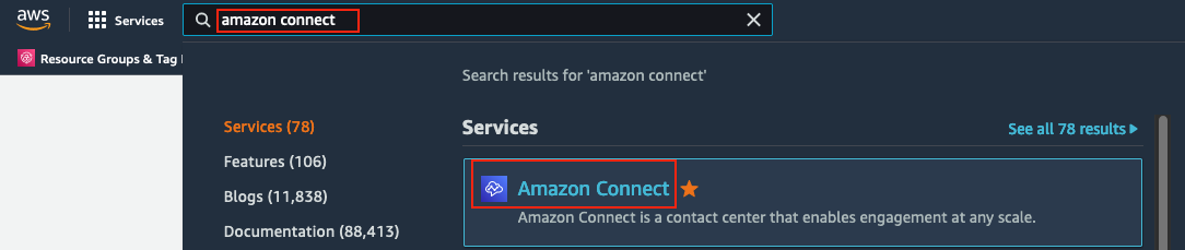 Figure 2. Describing how to search for Amazon Connect in AWS Management Console.