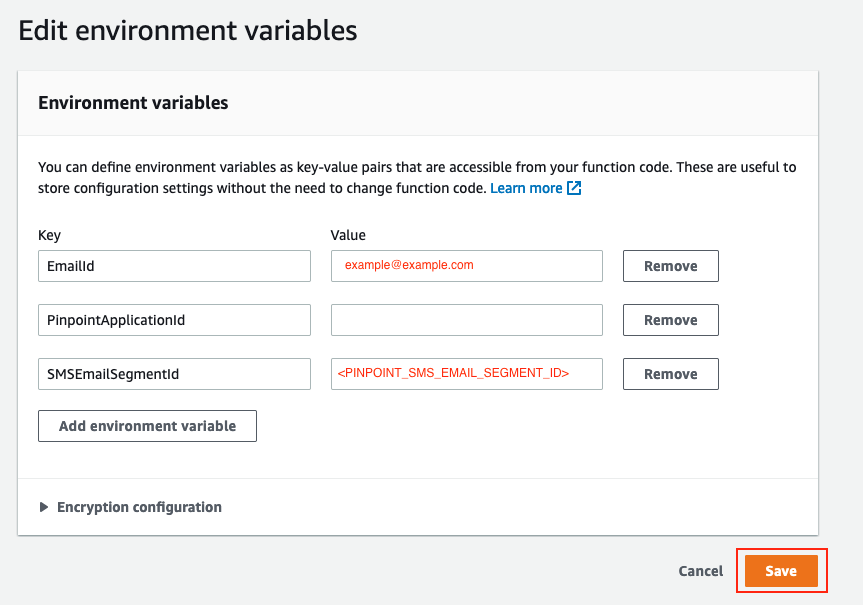 Figure 20. Configuration of the environmental variables for the SMS and email segments Lambda function.