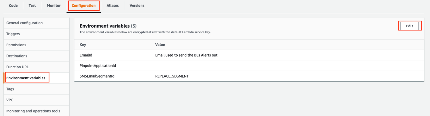 Figure 21. Location of environment variables in the Lambda console.