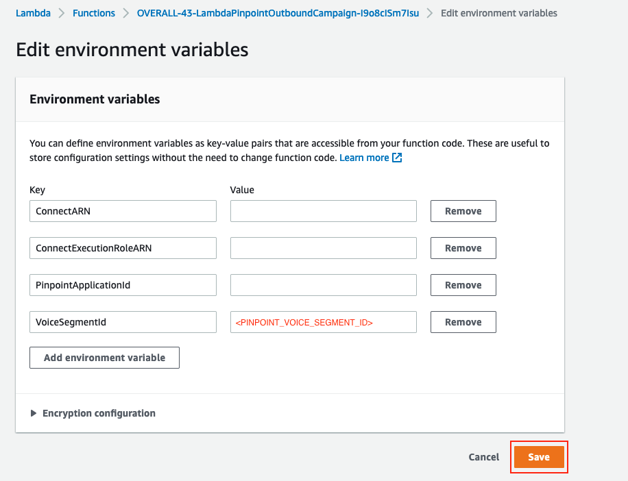 Figure 22. Configuration of the environmental variables for the voice segment Lambda function.