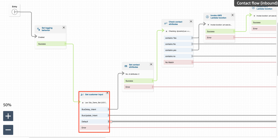 Figure 23. Location of get customer input block in the Bus-Delay-ContactFlow.