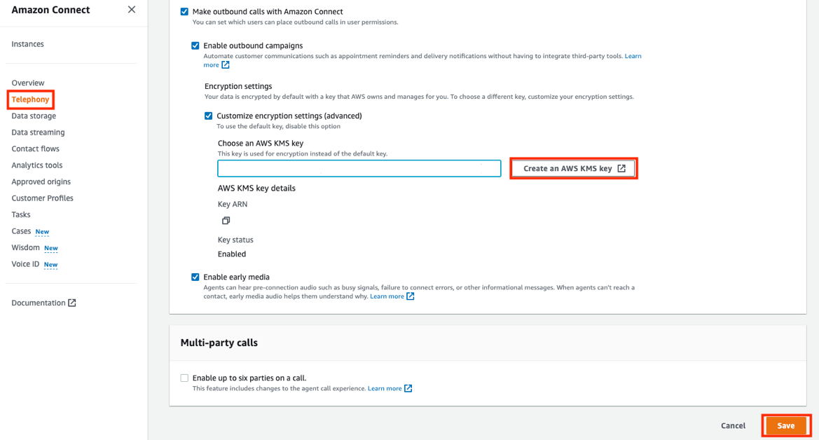 Figure 3. Where to create the AWS KMS key in the Amazon Connect console.