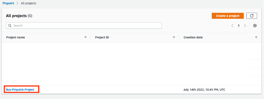 Figure 5. The Bus-Pinpoint-Project under the Projects tab in Amazon Pinpoint.