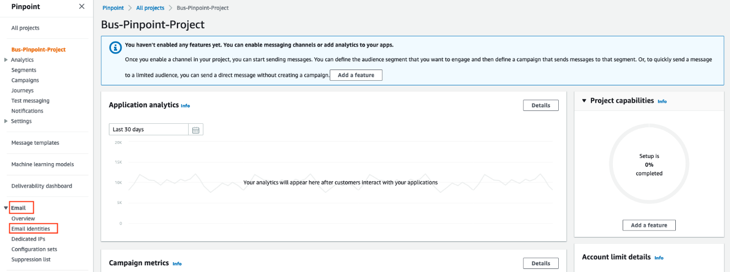 Figure 6. Location of Email Identities in the Amazon Pinpoint console.
