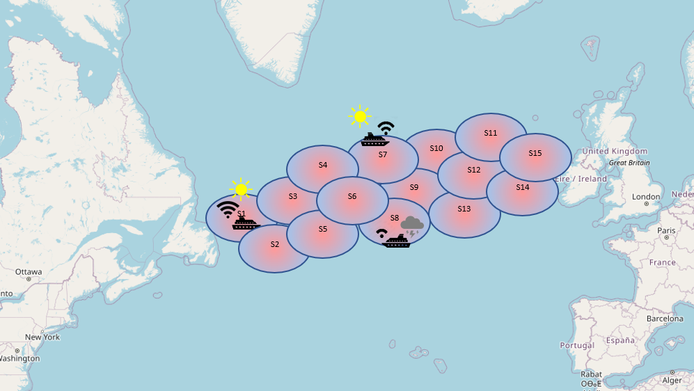 Figure 1: Ships passing through satellite spot beams in various weather conditions