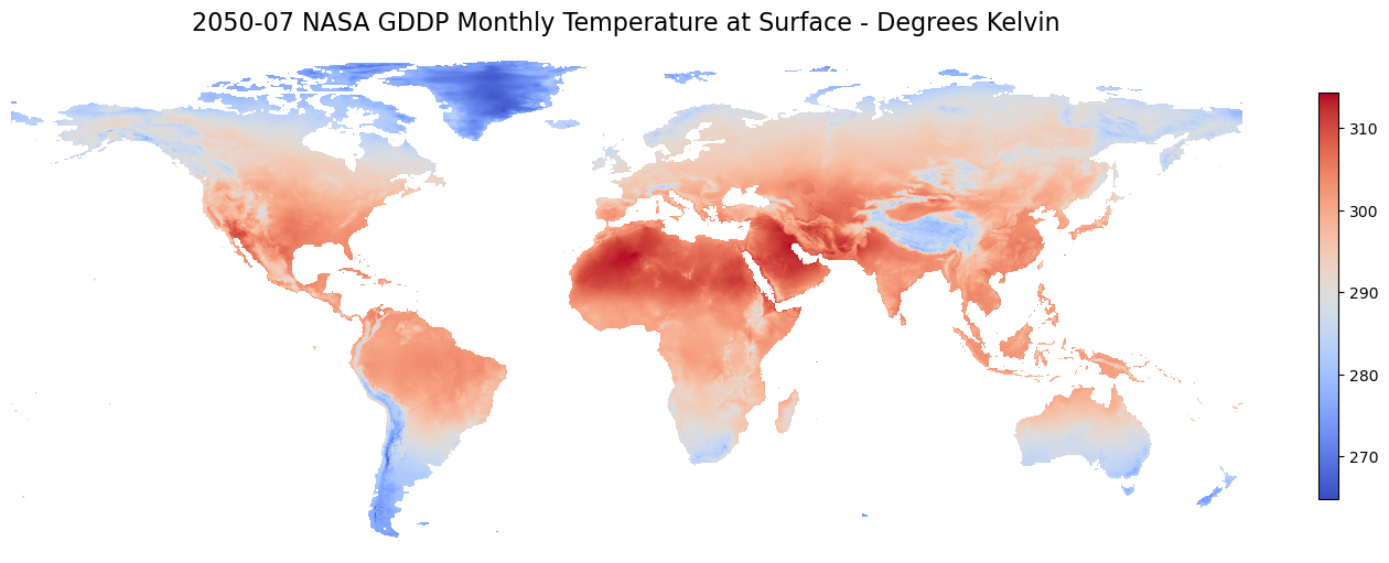  Image of NASA downscaled projections (NEX-GDDP-CMIP6) monthly median temperature at surface in degrees Kelvin for July 2050 from Amazon Sustainability Data Initiative (ASDI). This map of the world shows much of it in a redder (warmer) shade