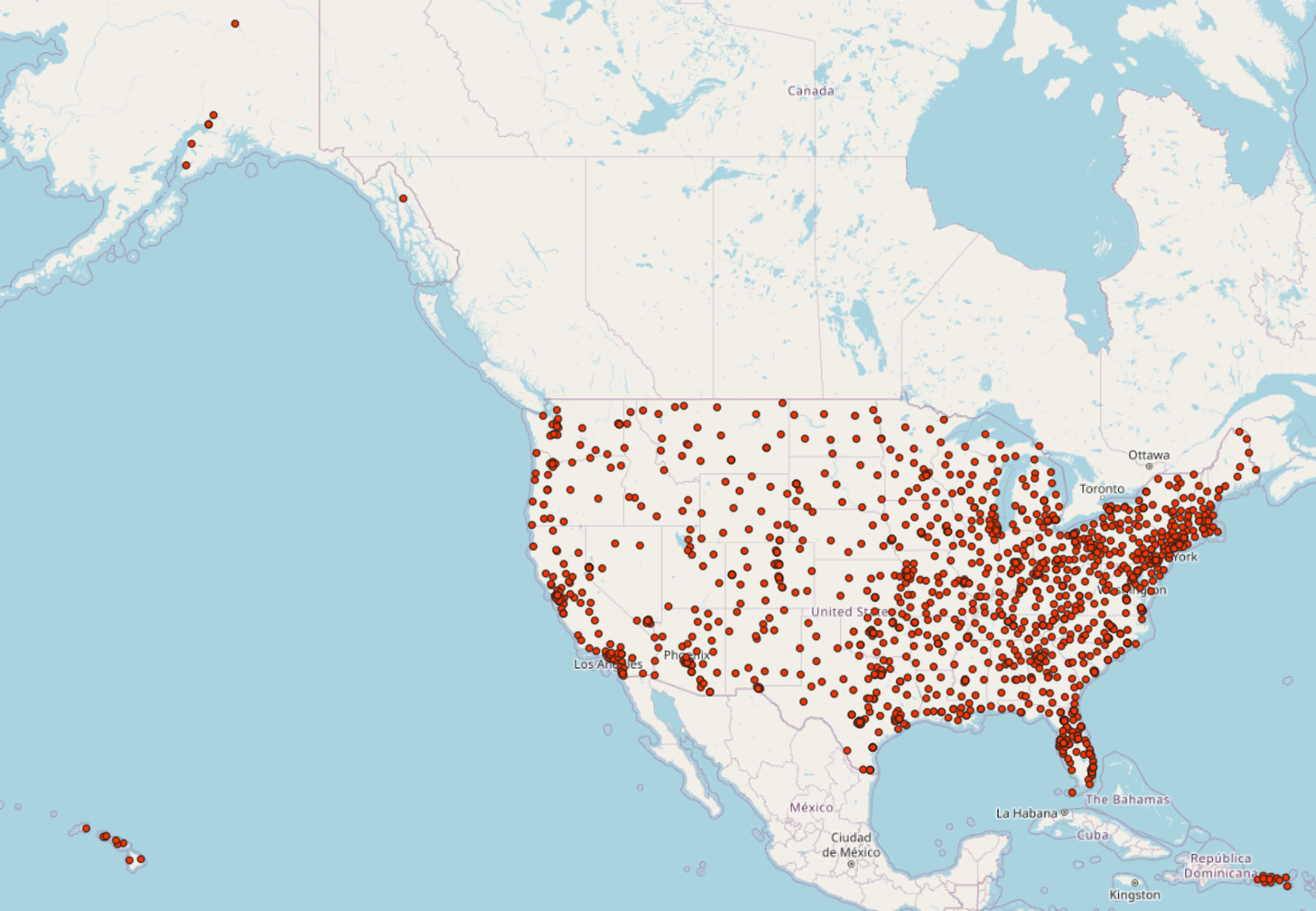 VA health facilities map of the United States and territories (excluding some Pacific locations). The base map is OpenStreetMap.