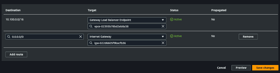 Protected subnet route table showing the selection of the Gateway Load Balancer Endpoint and endpoint ID to replace the local route.