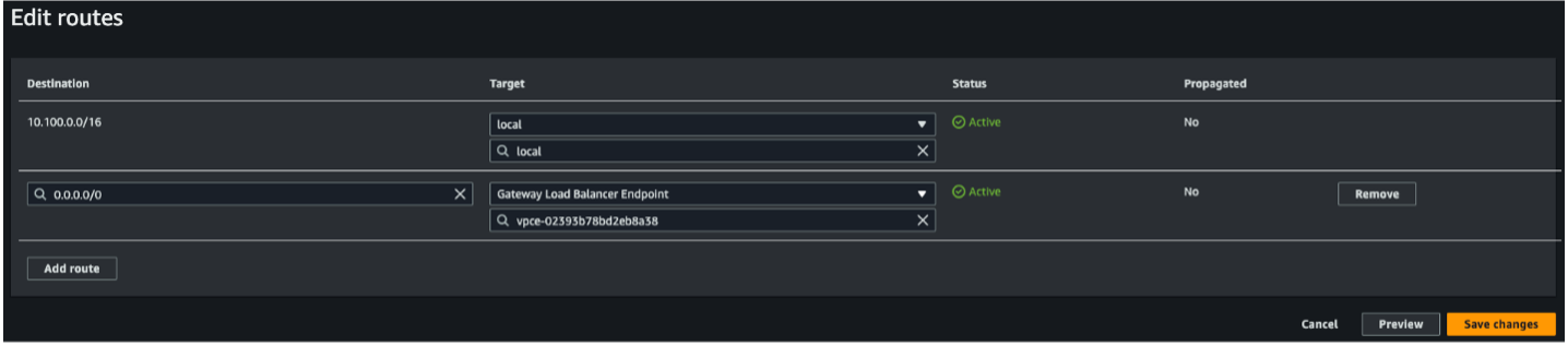 Client subnet route table showing the selection of the Gateway Load Balancer Endpoint and endpoint ID to replace the NAT Gateway route.