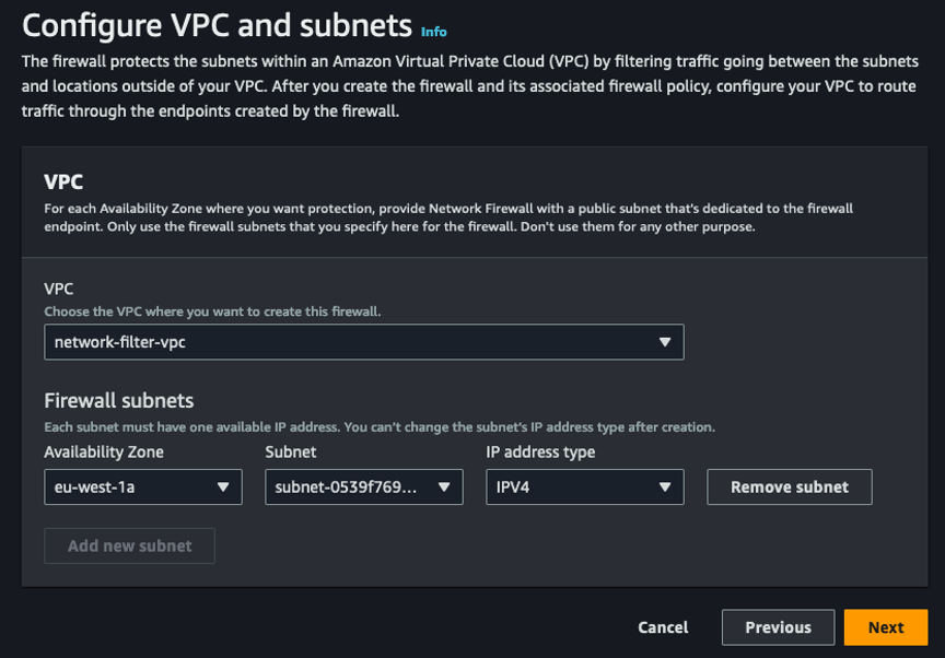 Configure VPC and subnets. Depicts the selection of each of the subnets where the AWS Network Firewall endpoints will be deployed according to the preceding table.