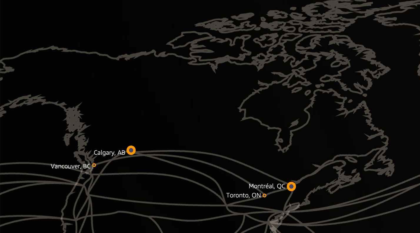 map of Canada showing Vancouver, Calgary, Toronto, and Montreal showing a representation of how the AWS network in Canada is connected.