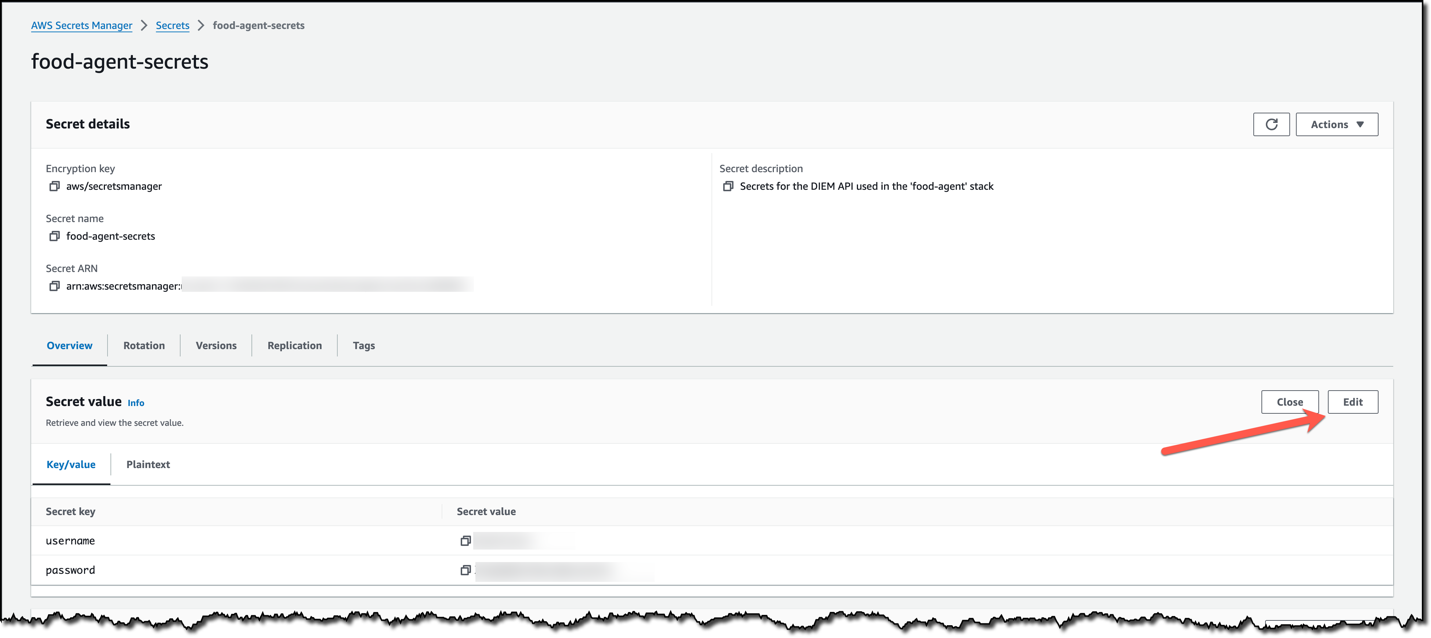 The Secrets Manager page shows a secret value with a username and a password. An arrow shows the Edit button which must be clicked to update the values.