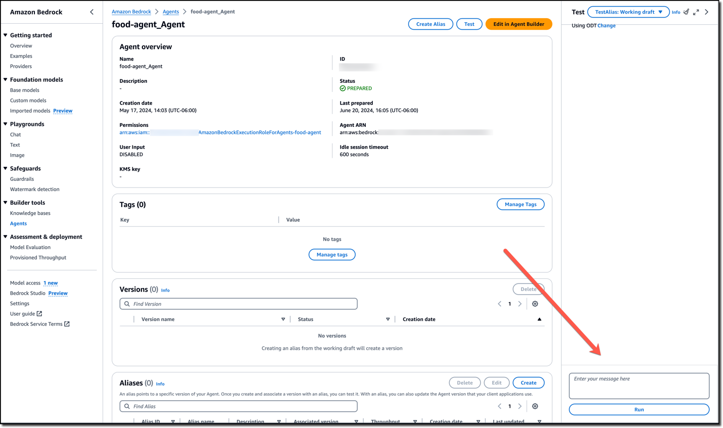 The Bedrock Agent console shows details of the agent, including the name, creation date, and versions. An arrow points to a box where you can type questions that are sent to the agent.