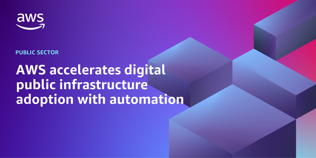 AWS branded background design with text overlay that says "AWS accelerates digital public infrastructure adoption with automation"