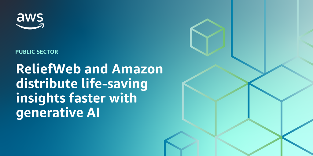 AWS Branded Background with text "ReliefWeb and Amazon distribute life-saving insights faster with generative AI"