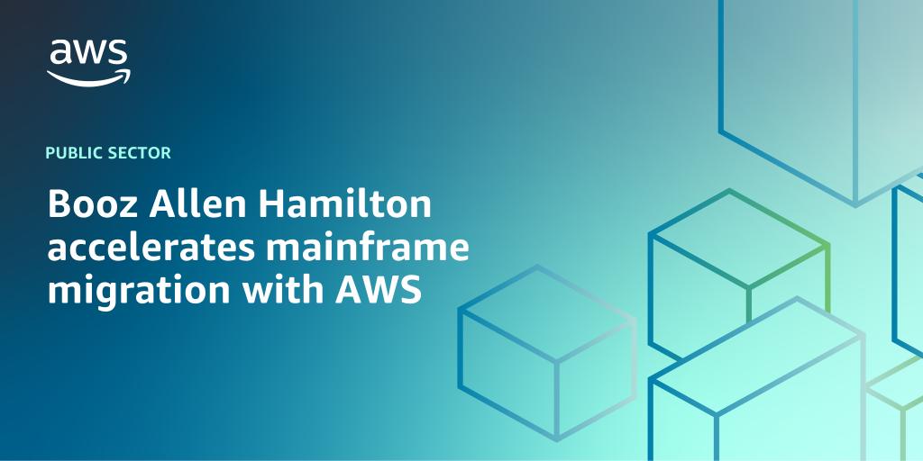AWS Branded Background with text "Booz Allen Hamilton accelerates mainframe migration with AWS"