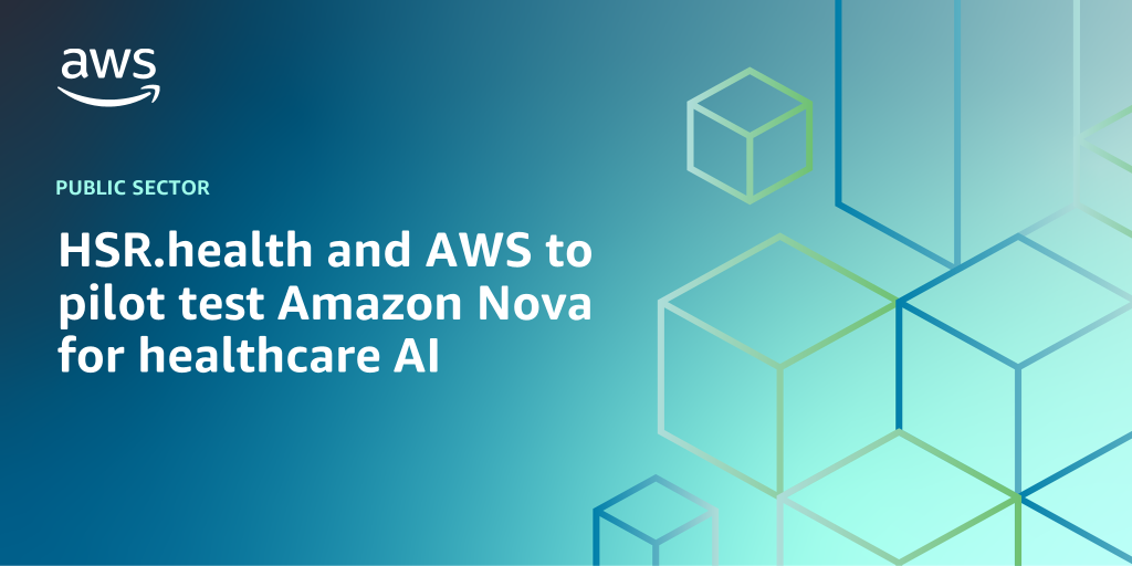 AWS Branded Background with text "HSR.health and AWS to pilot test Amazon Nova for healthcare AI"